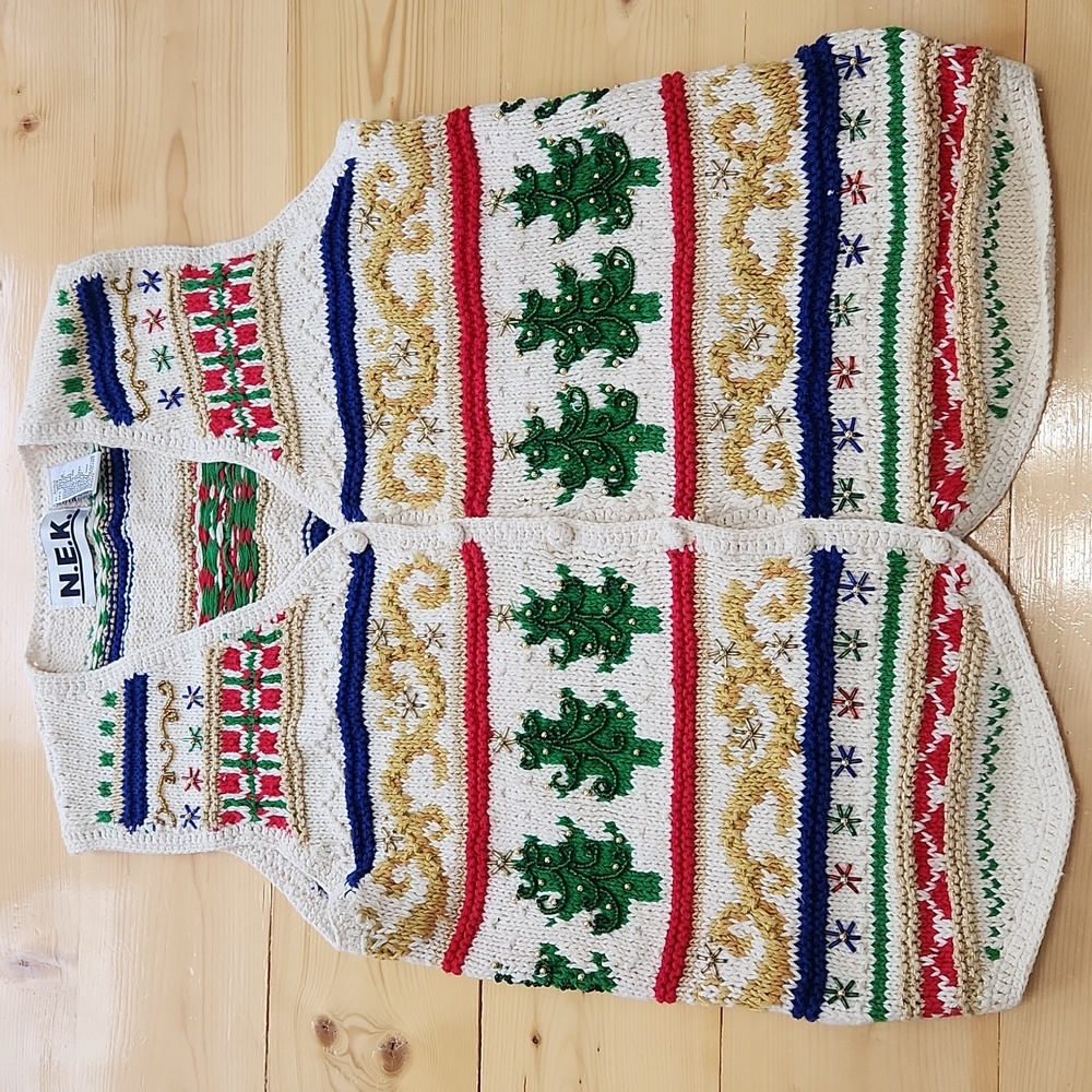 N.E.K. Vintage Christmas Holiday Knit Beaded Vest Womens Sz S - Picture 7 of 16